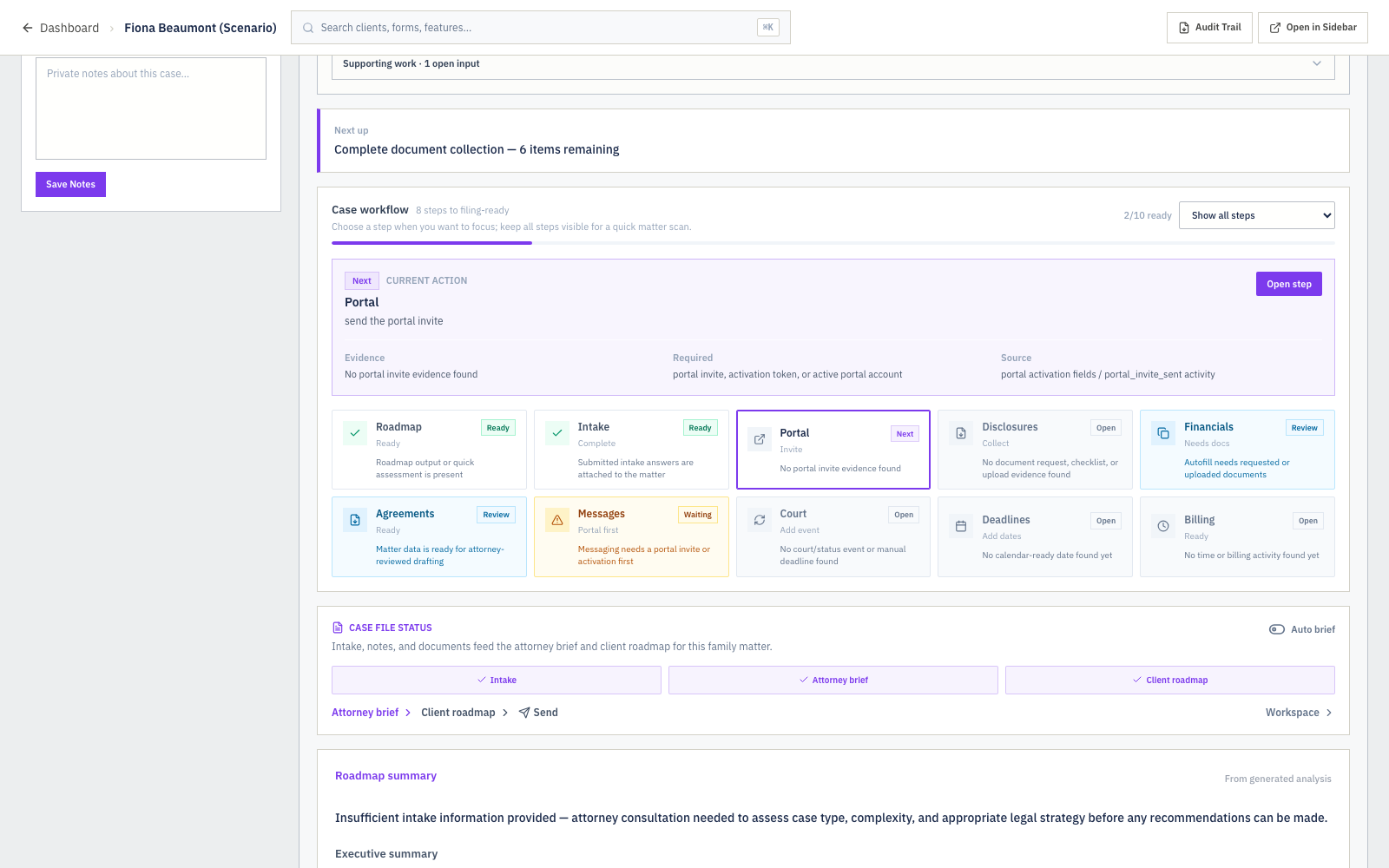 Sample Family Law Financial Disclosure Packet shown in a DocketBuddy matter workspace