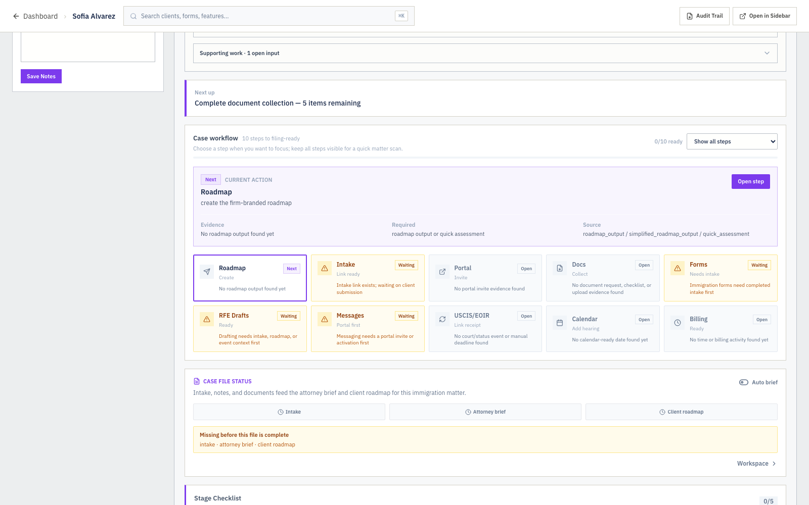 Sample Immigration RFE Response Plan shown in a DocketBuddy matter workspace