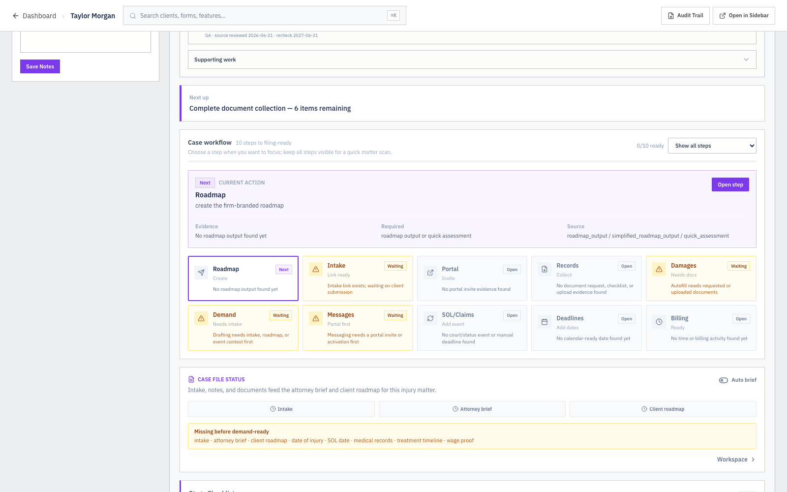 DocketBuddy personal injury matter workspace showing claim control and demand posture