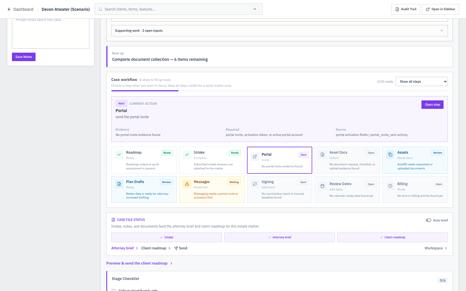 Sample Probate Court Accounting Readiness Review shown in a DocketBuddy matter workspace