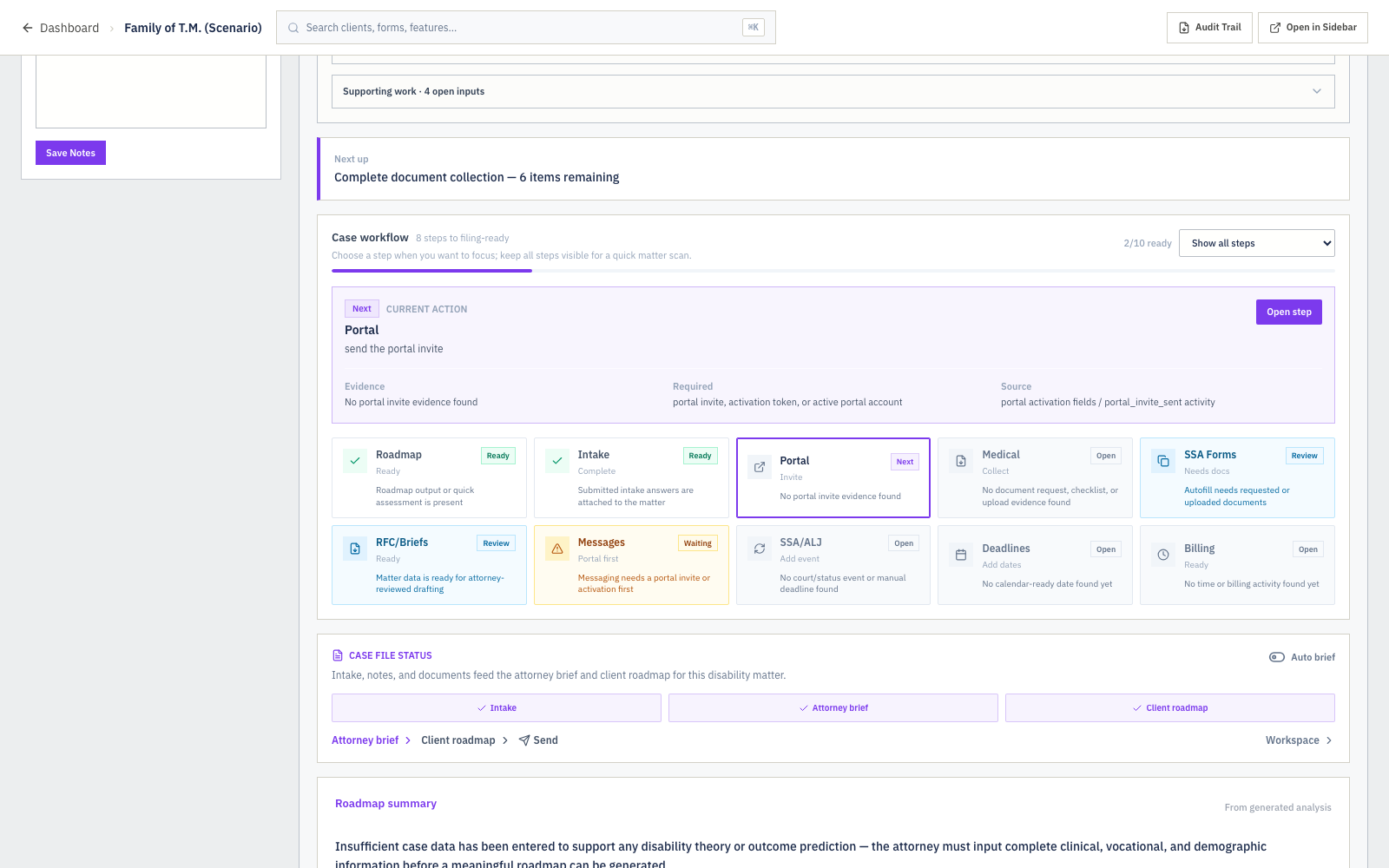 Sample SSDI Hearing Brief Preparation shown in a DocketBuddy matter workspace