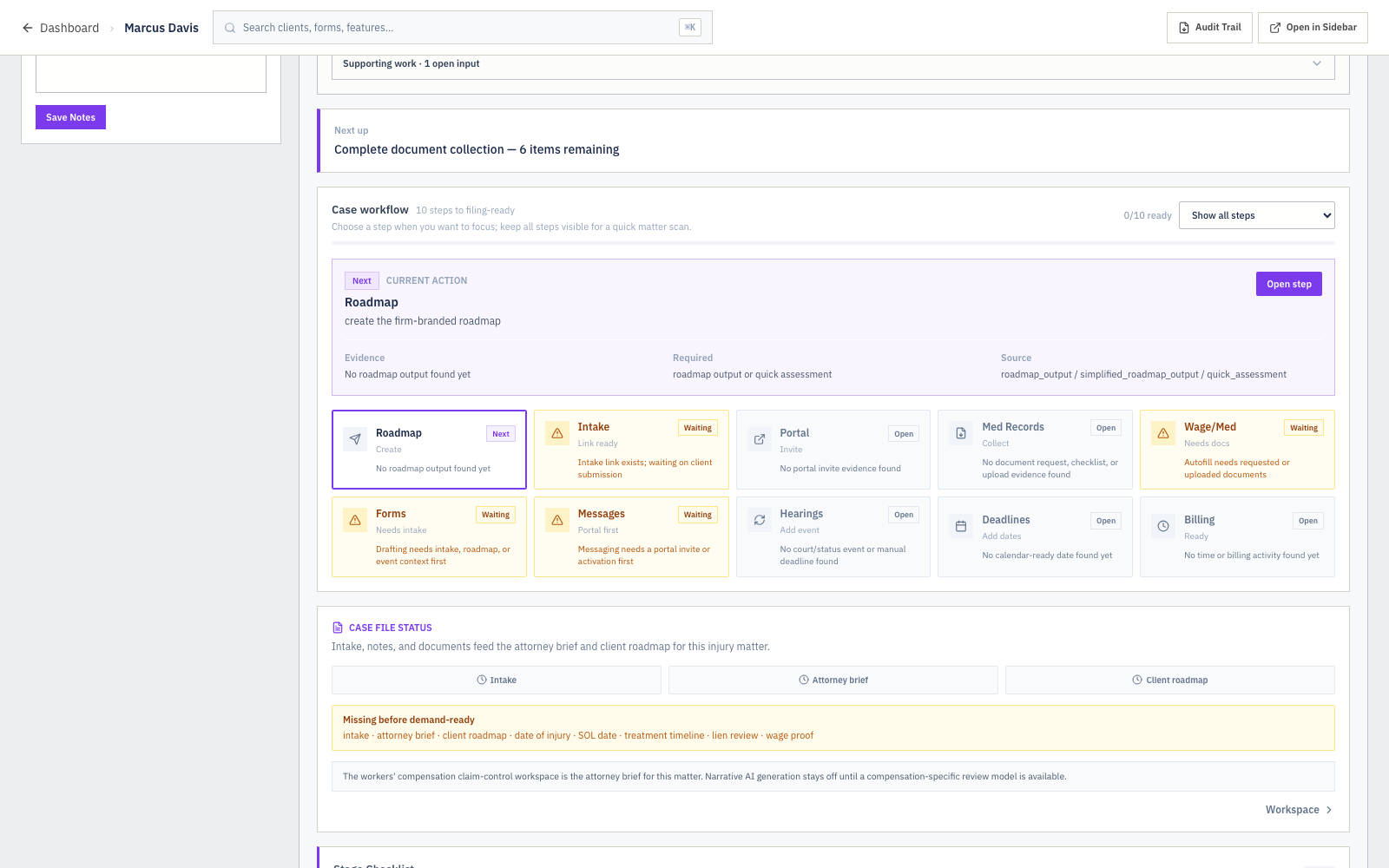 Sample Workers' Comp Case Stress Test shown in a DocketBuddy matter workspace