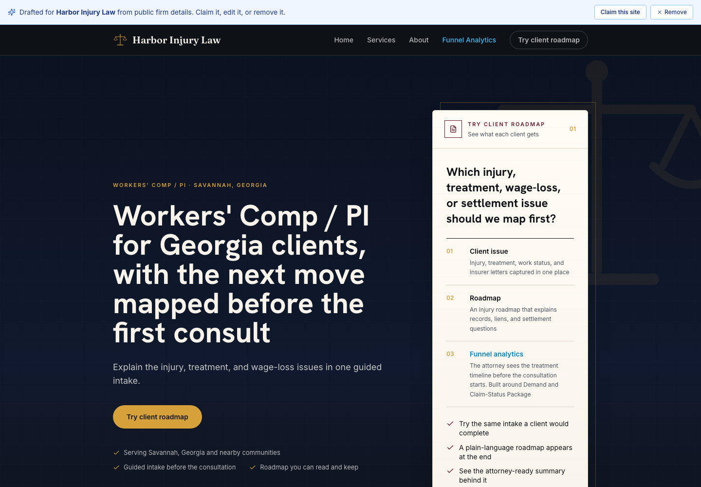 A DocketBuddy attorney website preview with client roadmap intake